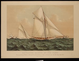 Mayflower saludado por la flota. Cruzando la proa de Galatea en su primera regata por la America