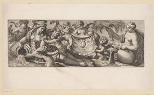 Putto con el corazón ardiendo y traspasado por unas ninfas de agua Figuras mitológicas junto al agua (título de la serie) de François Bignon