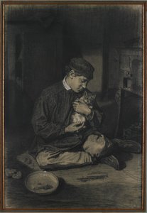 Niño sentado sosteniendo un gato (recto); Estudio de gatitos y un plato de leche (verso), c. 1874-80