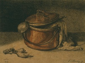 Naturaleza muerta con una olla de cobre y un cucharón