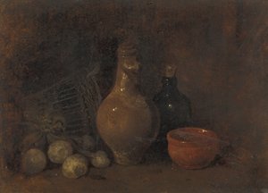 Bodegón con cuatro frutas, vidrio y cerámica de François Bonvin