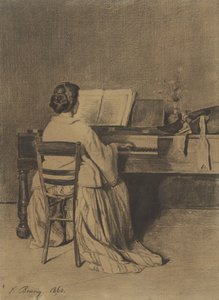 Mujer al piano, vista desde atrás