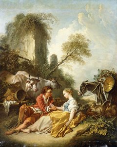 Un paisaje pastoral con un pastor y una pastora sentados junto a ruinas de François Boucher