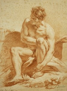 Un desnudo sentado con un bastón, un relieve con putti a la izquierda, 1738