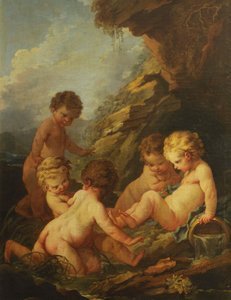 Boucher - Cinco niños desnudos jugando junto a un estanque rocoso, 1730-1735
