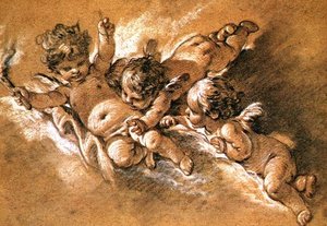 Tres putti en las nubes
