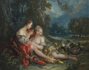 Dos ninfas de Diana descansan tras su regreso de la caza de François Boucher