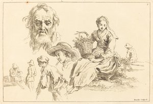 Estudios de figuras incluyendo rostro barbudo de un anciano de François Boucher after Abraham Bloemaert