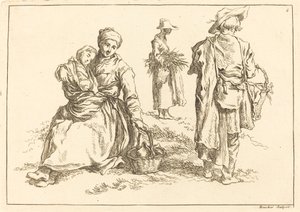 Madre sentada y niño, dos campesinos de pie