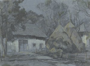 Pajares cerca de una granja a la luz de la luna