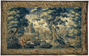 Paisaje del parque con pareja sentada y cazadores en reposo de François Coppens
