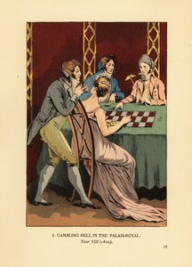 Incroyables de moda con chaquetas de cuello alto en una mesa de juego con una joven y un crupier. Un infierno de juego en el Palais Royal, Año VIII de François Courboin