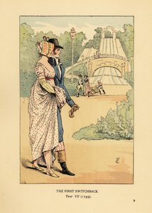 Pareja de moda en la montaña rusa de las Montañas Rusas en Belleville, construida en 1812. (El primer switchback, Año VII)