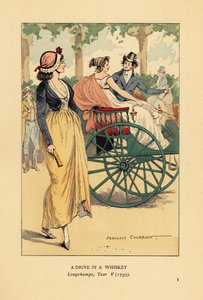 Pareja de moda conduciendo un carruaje de whisky de un solo caballo en Longchamps, París, Año V