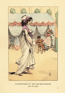 Mujer de moda llegando a una cita en el Café des Tuileries, París, Año VI