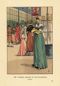 Mujer elegante comprando en la Galería de Madera en el Palais Royal, París de François Courboin