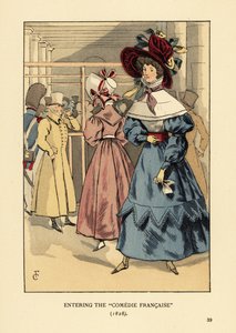 Mujeres de moda en una obra de teatro, París. Mujer con gran sombrero con cintas, vestido con cuello alto, capa de encaje o pelerina y mangas abullonadas en beret. Entrando en la Comédie Française de François Courboin