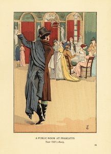 Caballero poniéndose un abrigo carrick mientras sale de un salón de moda. Una sala pública en Frascati, París, Año VIII
