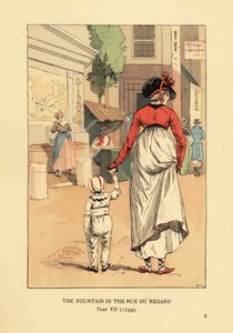 Mujer y niño frente a la Fuente de Leda, Fontaine de Leda, en la Rue du Regard, París, Año VII