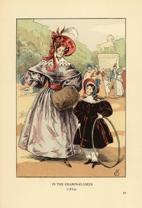 Mujer y niño con aro jugando en el parque. En los Campos Elíseos de François Courboin