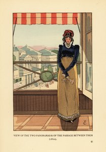 Mujer en la ventana con vista a los Panoramas y el Passage des Panoramas, en el Boulevard Montmartre, París de François Courboin