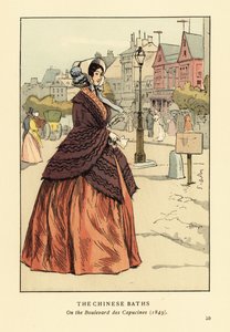 Mujer frente a los Baños Chinos en el Boulevard des Capucines