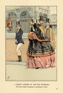Mujer con capa forrada de piel y manguito sobre una crinolina ancha, con otra mujer en ropa de montar. Una esquina elegante de la rue de Richelieu, el almacén de la Compañía de las Indias Orientales, París de François Courboin
