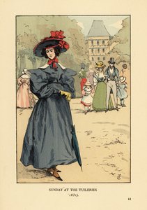 Mujer paseando con su mejor atuendo en el parque. Lleva un sombrero de ala ancha, vestido con mangas abullonadas, botas hasta el tobillo y lleva un parasol. Domingo en el Jardín de las Tullerías de François Courboin
