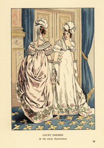 Mujeres con tocados de plumas y vestidos bordados lujosamente, corte del Rey Luis XVIII, alrededor de 1817. Interior con cortinas azules y alfombra de flor de lis. Vestidos de corte en la primera Restauración, París. Litografía coloreada a mano por R.V. de