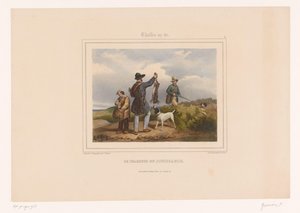 Cazador muestra a otro cazador su liebre abatida
Le chasseur en jouissance (título sobre el objeto)
Cazadores con armas (título de la serie)
Chasses au Tir (título de la serie en el objeto) de François Grenier