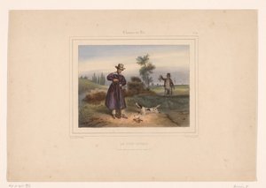 Una cazadora carga su pistola tras disparar a dos perdices
Le coup double (título en el objeto)
Cazadores con armas (título de la serie)
Chasses au Tir (título de la serie en el objeto) de François Grenier