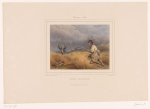 Dos cazadores furtivos persiguen a una liebre
Paysan braconnant (título en el objeto)
Cazadores con armas (título de la serie)
Chasses au Tir (título de la serie en el objeto)
