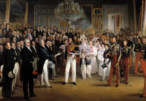 Revolución de 1830: La Cámara de Diputados presenta al Duque de Orleans, Luis Felipe I, el acta que lo llama al trono y la Carta de 1830, en el Palacio Real, el 7/08/1830 (detalle) de François Joseph Heim