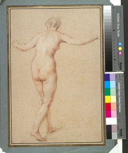 Desnudo femenino de pie visto de espaldas, c.1722 (tiza roja, negra y blanca sobre papel) de François Lemoyne