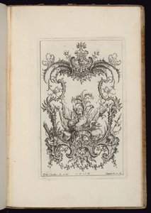 Cartucho con trofeo heráldico, Libro de ornamentos de François de Cuvilliés the Elder