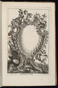 Cartucho con Putto Sosteniendo Trompetas, Libro de Cartuchos Irregulares de François de Cuvilliés the Elder