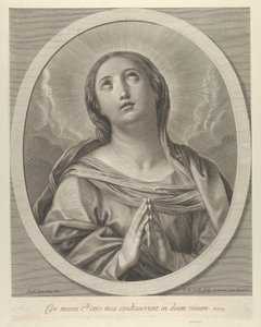 La Virgen en oración, mirando hacia arriba con nubes detrás de ella, en un marco ovalado, después de Reni