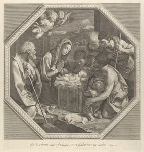La adoración de los pastores que se arrodillan juntos a la derecha ante el niño Cristo..., ca. 1655-93 de François de Poilly