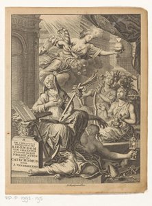 Alegoría con personificaciones femeninas de, entre otras cosas, la verdad y posiblemente virtudes y vicios El cristiano propiedad total de Cristo, en LIII muestra predicaciones sobre el catecismo (título sobre objeto) Página de título para: Johannes van de François van Bleyswijck