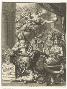 Alegoría con personificaciones femeninas de, entre otras cosas, la verdad y posiblemente virtudes y vicios Página de título para: Johannes van der Kemp, el cristiano pertenece totalmente a Cristo en la vida y la muerte, muestra en cincuenta y tres sermones de François van Bleyswijck