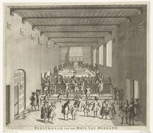 Corte de Holanda en sesión, hacia 1700 Pleitrolle van den Hove de Holanda (título sobre objeto)