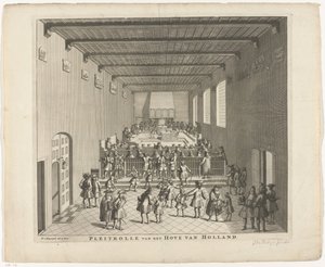 Corte de Holanda en sesión, hacia 1700 Pleitrolle van den Hove de Holanda (título sobre objeto)