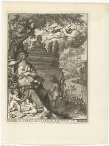 Muse y putti se sientan en la tumba del poeta Arnold Moonen Página de título para: Arnold Moonen, Continued der poëzye, Delft 1720 Continuación de A. Moonens Poezy (título sobre objeto) de François van Bleyswijck