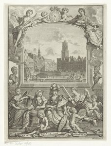 Cityscape con Dom Church en Utrecht y alegoría con Minerva y virtudes de François van Bleyswijck