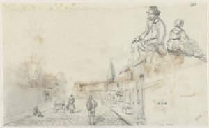 Bocetos de una calle y dos personas sentadas de Frans Arnold Breuhaus de Groot