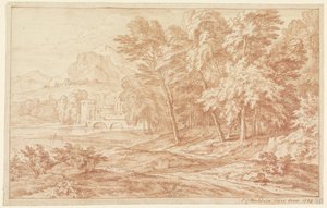 Paisaje con río y puente con torre redonda de Frans Boudewijns
