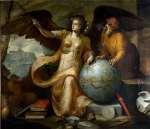 Astrología. Alegoría y personificación de la astrología con instrumentos astrológicos y globo celeste