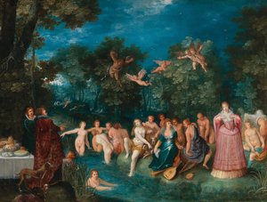 Diana y sus ninfas bañándose, con una cacería de ciervos en el fondo, ca. 1606