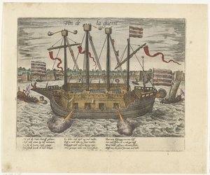 El barco Fin de la guerre, 1585 Fin de la guerre (título sobre objeto) Serie 9: Eventos holandeses y alemanes, 1583-1587 (título de la serie) de Frans Hogenberg