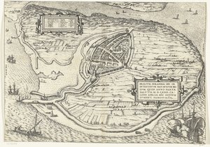 Kaart van het eiland Voorne en plattegrond van Brielle, 1572 Brillium, Holanda opp. a causa de la guerra holandesa interna, que en el año de la victoria de la Salvación 72 d.C. en el calor de abril, comenzó aquí, famoso (título sobre objeto) de Frans Hogenberg